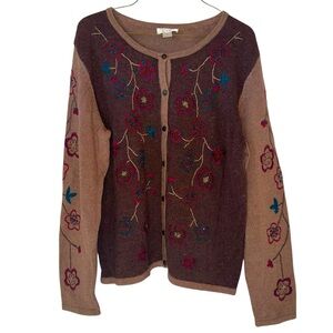 Vintage 90s Christopher & Banks Womens Cardigan X-Large Brown Floral Embroidered